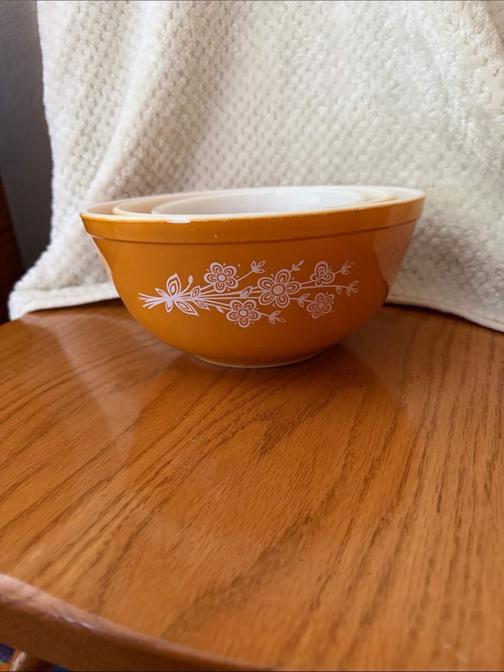 Vintage Pyrex Orange Nesting Mixing Bowls with White Butterfly Pattern